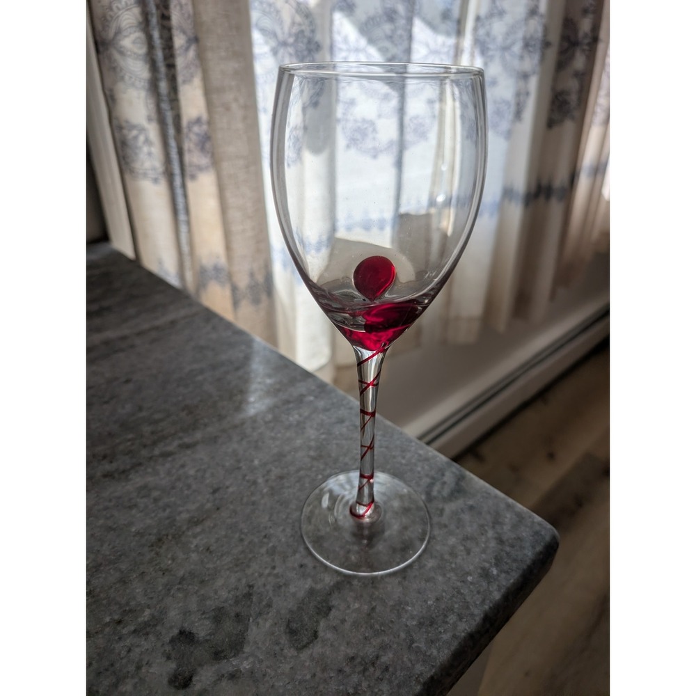 Pier 1 Import Clear Wine Glass 9" With Red Swirl Spiral Stem